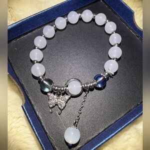 Silvertone and Light Grey Moonstones Style Beaded Bracelet with Butterfly Charm